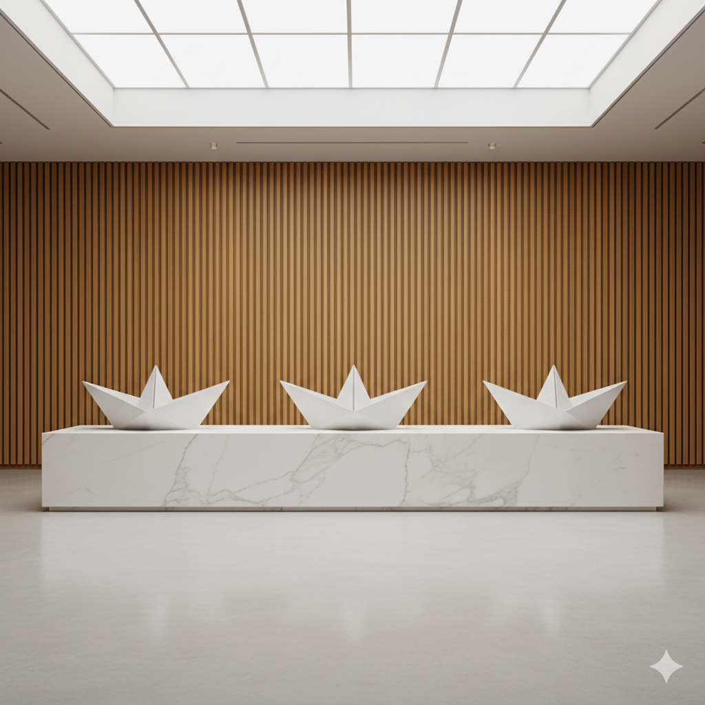 White origami boats on a marble plinth